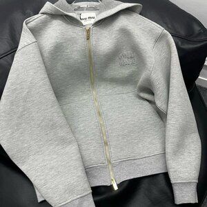 MIUMIU Women's Hooded Zip-Up Jacket, Solid Color Long Sleeve, Grey, Size M